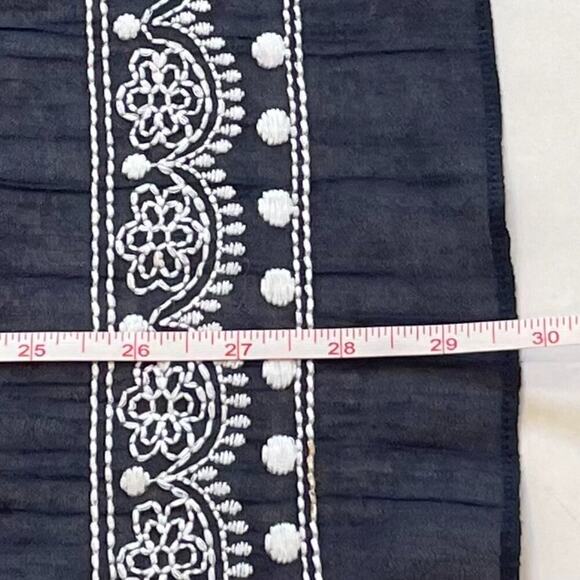 Hollister Cotton Navy, White Boho Floral Embroidered Scarf with Tassels, 30" Sq. - Picture 4 of 6